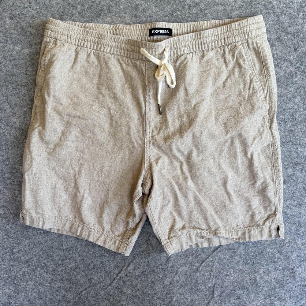 Express Shorts Mens Large Beige Linen Blend Chino Drawstring 7" Casual Summer